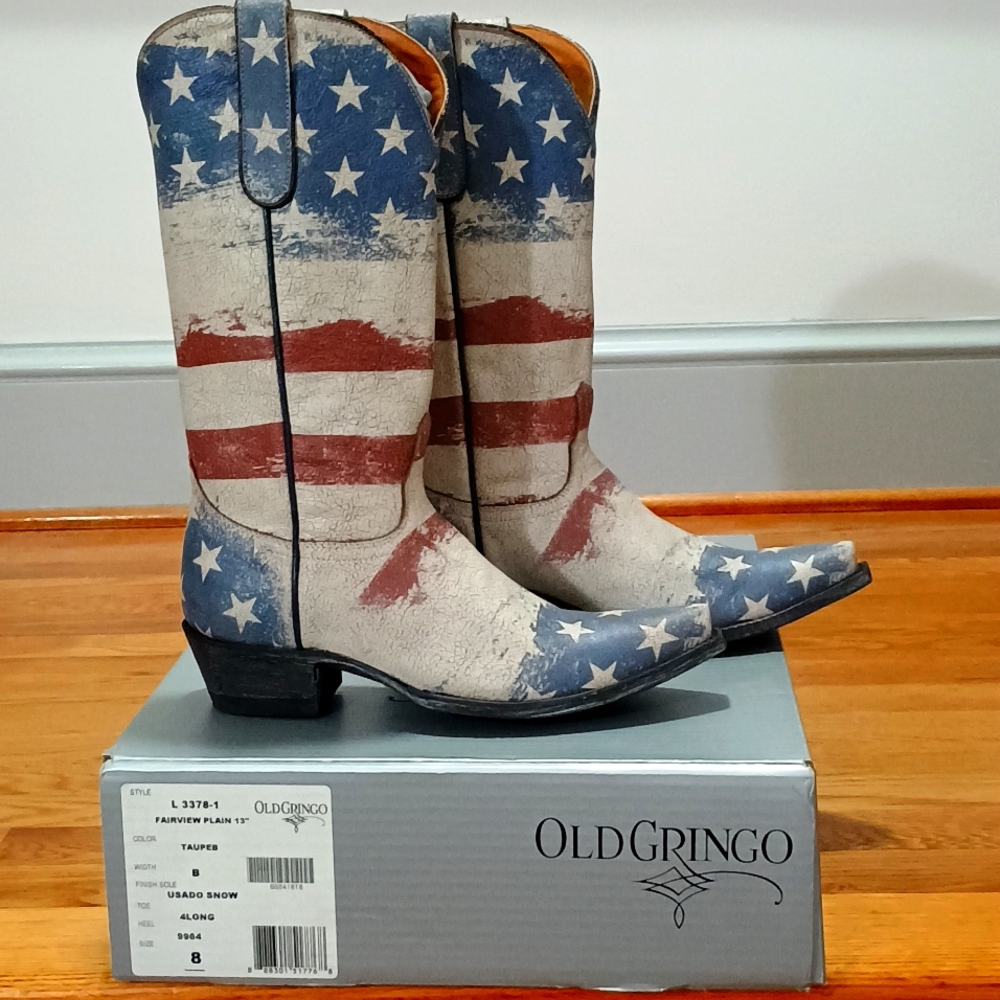 Old Gringo Fairview Plain 13" Stars and stripes cowboy boots. Size 8. New in box